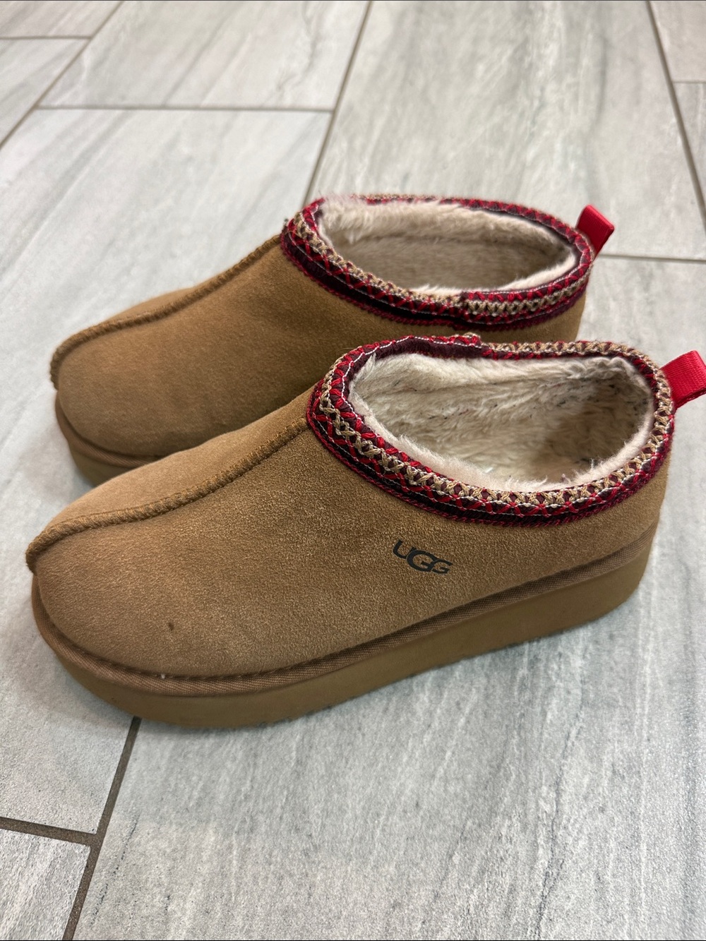 UGG Platform Tasmans Chestnut Suede Shearling-Lined Slip-On Clogs with Red Trim